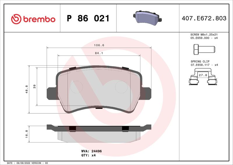 Комплект гальмівних накладок, дискове гальмо BREMBO P 86 021