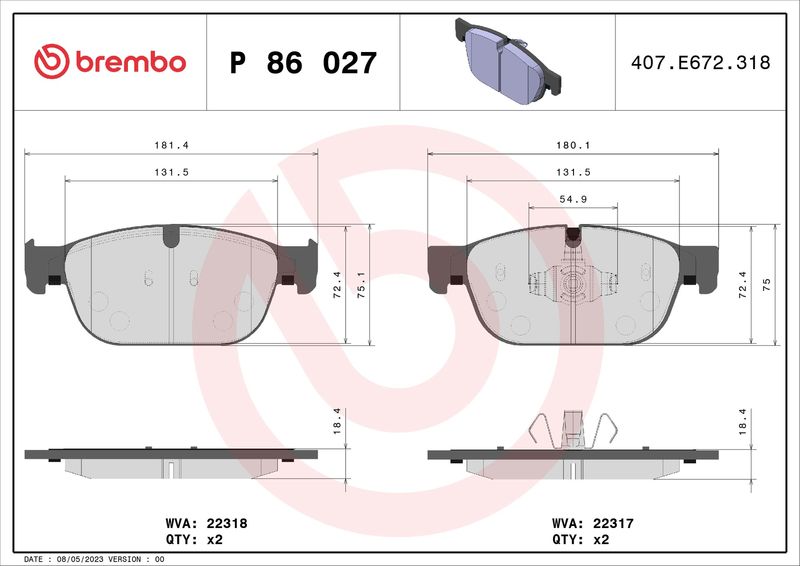 Комплект гальмівних накладок, дискове гальмо BREMBO P 86 027