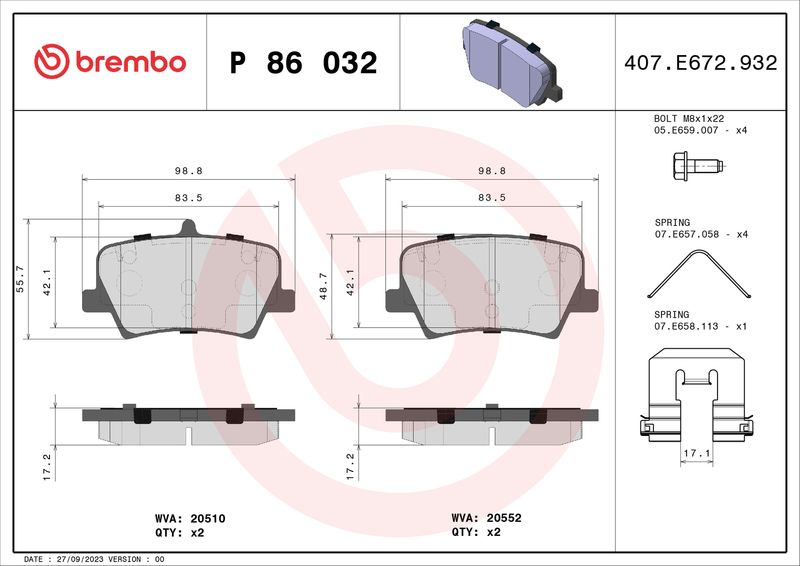 Stabdžių trinkelių rinkinys, diskinis stabdys BREMBO P 86 032