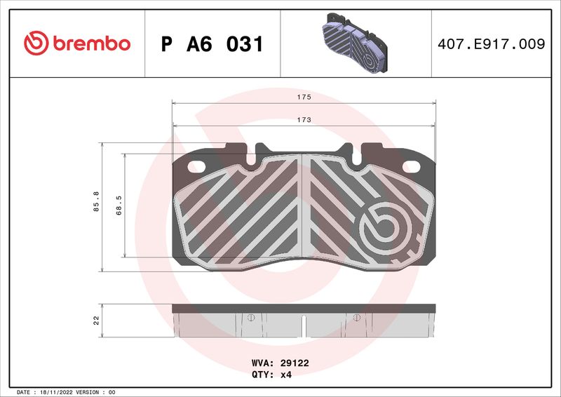 Комплект гальмівних накладок, дискове гальмо BREMBO P A6 031