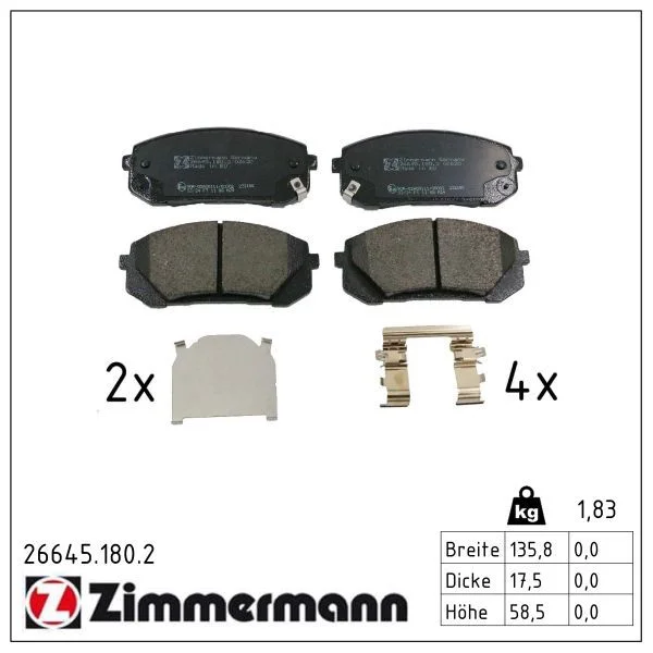 Комплект гальмівних накладок, дискове гальмо ZIMMERMANN 26645.180.2