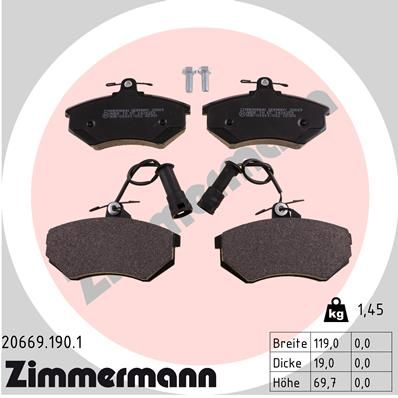 Комплект гальмівних накладок, дискове гальмо ZIMMERMANN 20669.190.1