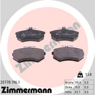 Комплект гальмівних накладок, дискове гальмо ZIMMERMANN 20778.196.1