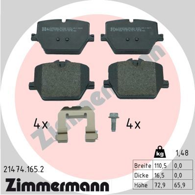 Комплект гальмівних накладок, дискове гальмо ZIMMERMANN 21474.165.2