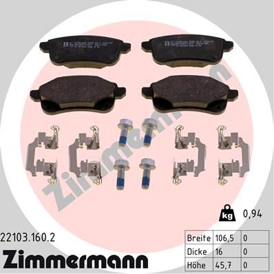 Комплект гальмівних накладок, дискове гальмо ZIMMERMANN 22103.160.2