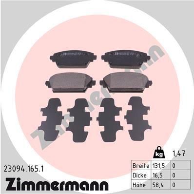 Комплект гальмівних накладок, дискове гальмо ZIMMERMANN 23094.165.1