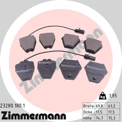 Комплект гальмівних накладок, дискове гальмо ZIMMERMANN 23280.180.1