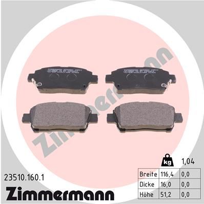 Комплект гальмівних накладок, дискове гальмо ZIMMERMANN 23510.160.1