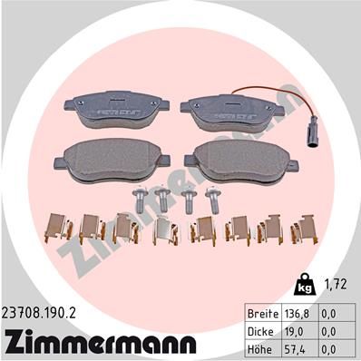 Комплект гальмівних накладок, дискове гальмо ZIMMERMANN 23708.190.2