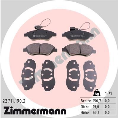 Комплект гальмівних накладок, дискове гальмо ZIMMERMANN 23711.190.2