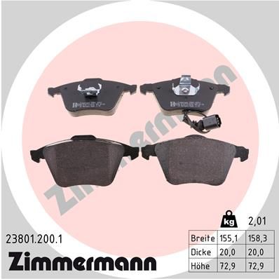 Комплект гальмівних накладок, дискове гальмо ZIMMERMANN 23801.200.1