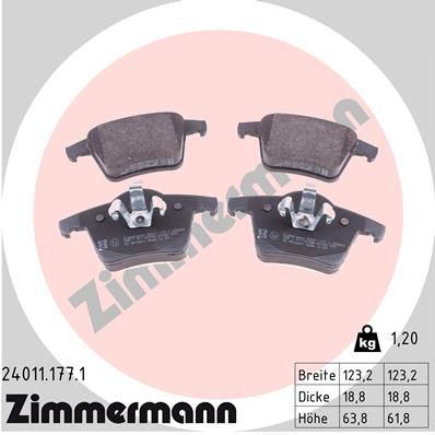 Комплект гальмівних накладок, дискове гальмо ZIMMERMANN 24011.177.1