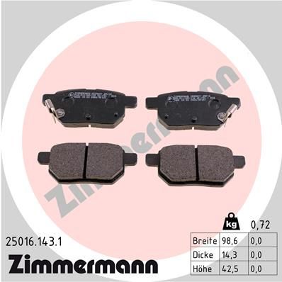 Комплект гальмівних накладок, дискове гальмо ZIMMERMANN 25016.143.1