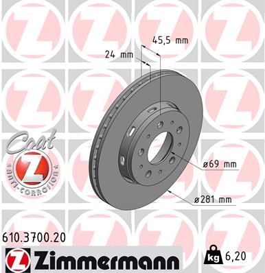 Stabdžių diskas ZIMMERMANN 610.3700.20