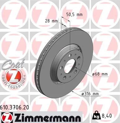 Stabdžių diskas ZIMMERMANN 610.3706.20
