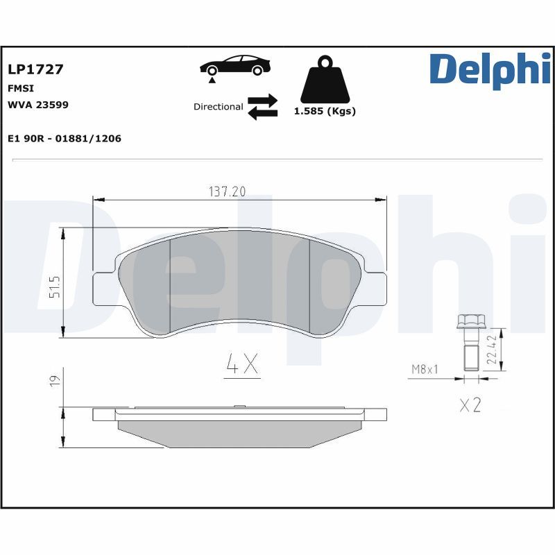 Комплект гальмівних накладок, дискове гальмо DELPHI LP1727