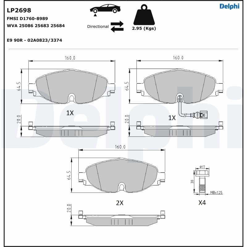 Комплект гальмівних накладок, дискове гальмо DELPHI LP2698