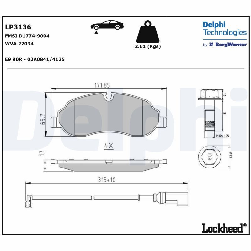 Комплект гальмівних накладок, дискове гальмо DELPHI LP3136