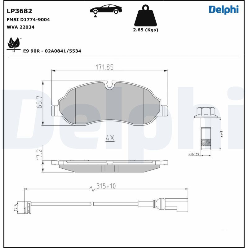 Комплект гальмівних накладок, дискове гальмо DELPHI LP3682