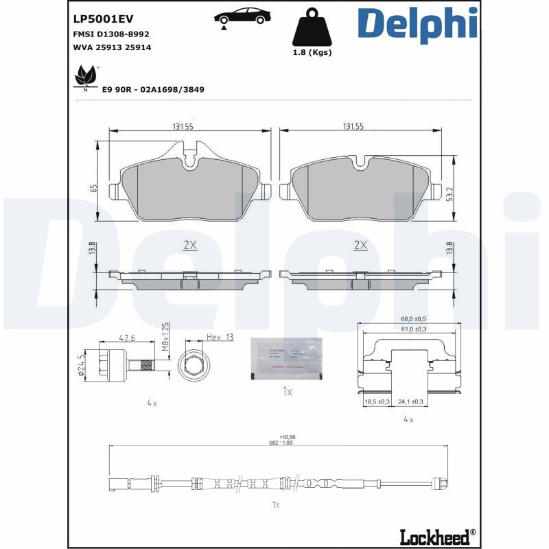 Комплект гальмівних накладок, дискове гальмо DELPHI LP5001EV