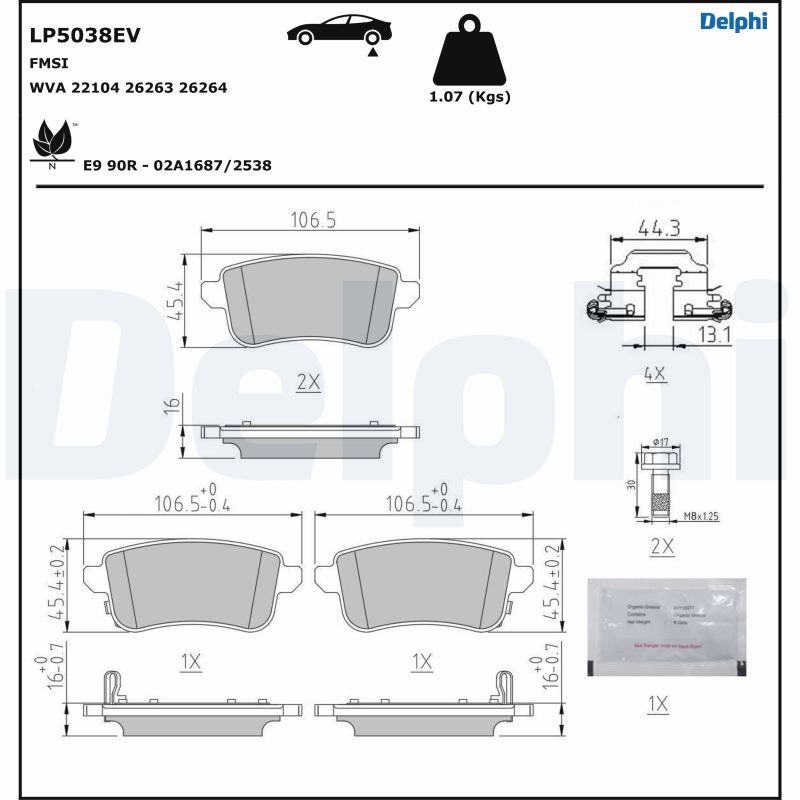 Комплект гальмівних накладок, дискове гальмо DELPHI LP5038EV