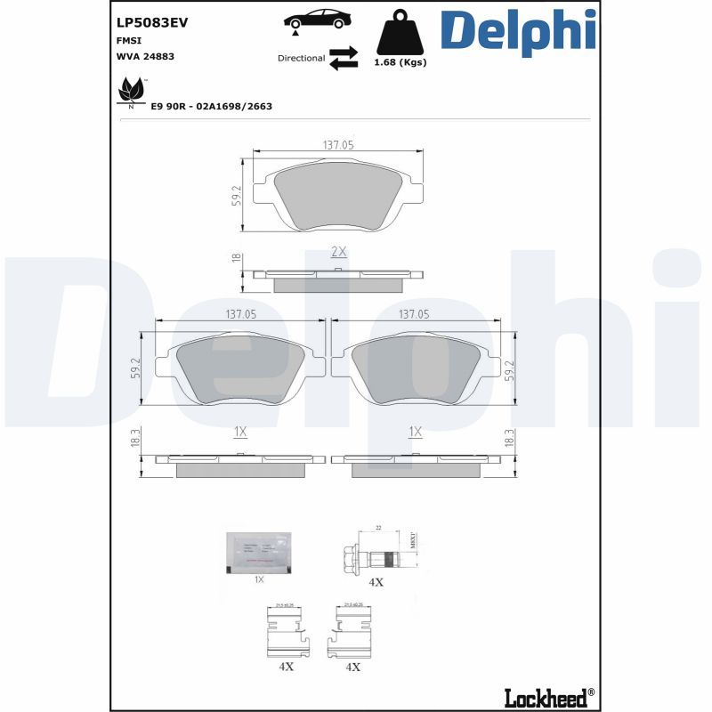 Комплект гальмівних накладок, дискове гальмо DELPHI LP5083EV