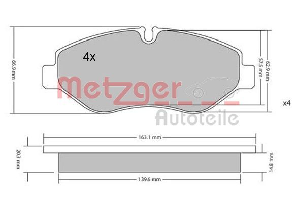 Комплект гальмівних накладок, дискове гальмо METZGER 1170040
