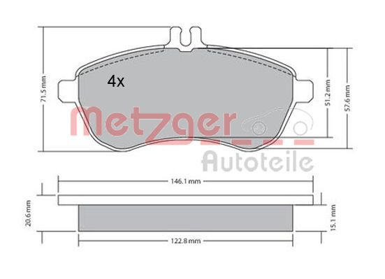 Комплект гальмівних накладок, дискове гальмо METZGER 1170046