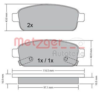 Stabdžių trinkelių rinkinys, diskinis stabdys METZGER 1170164