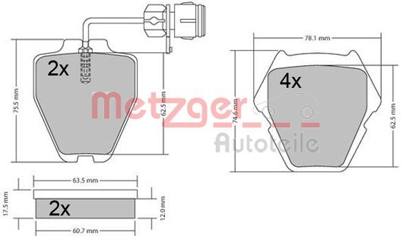 Комплект гальмівних накладок, дискове гальмо METZGER 1170364