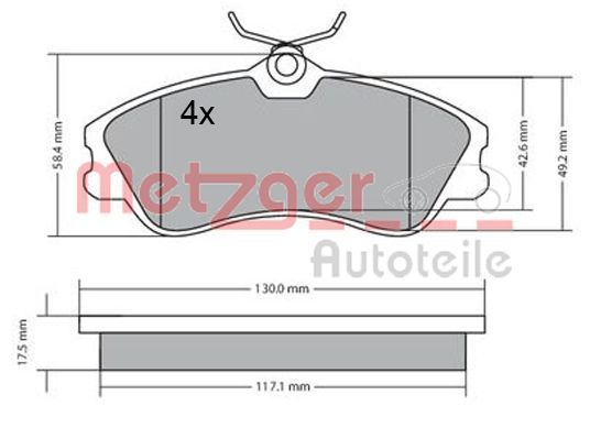 Комплект гальмівних накладок, дискове гальмо METZGER 1170377