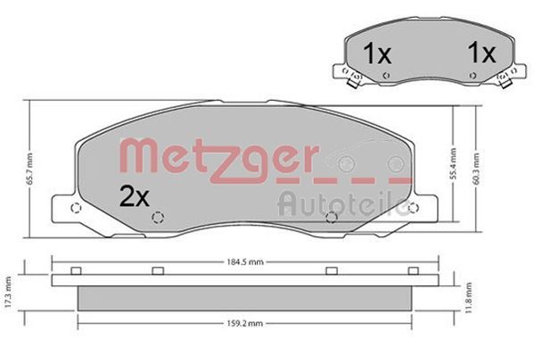 Комплект гальмівних накладок, дискове гальмо METZGER 1170468