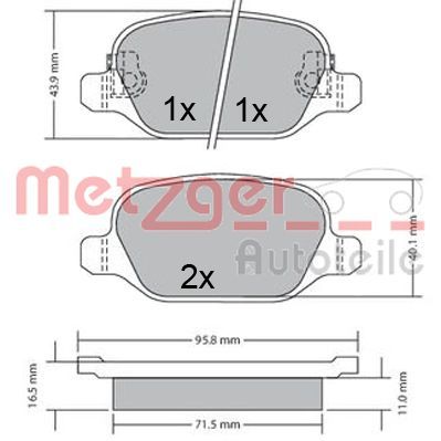 Комплект гальмівних накладок, дискове гальмо METZGER 1170680