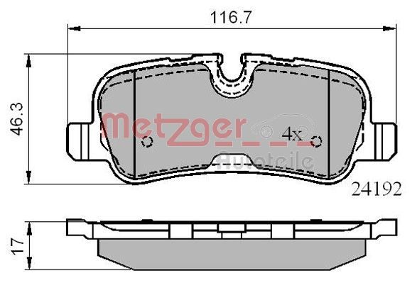 Комплект гальмівних накладок, дискове гальмо METZGER 1170877